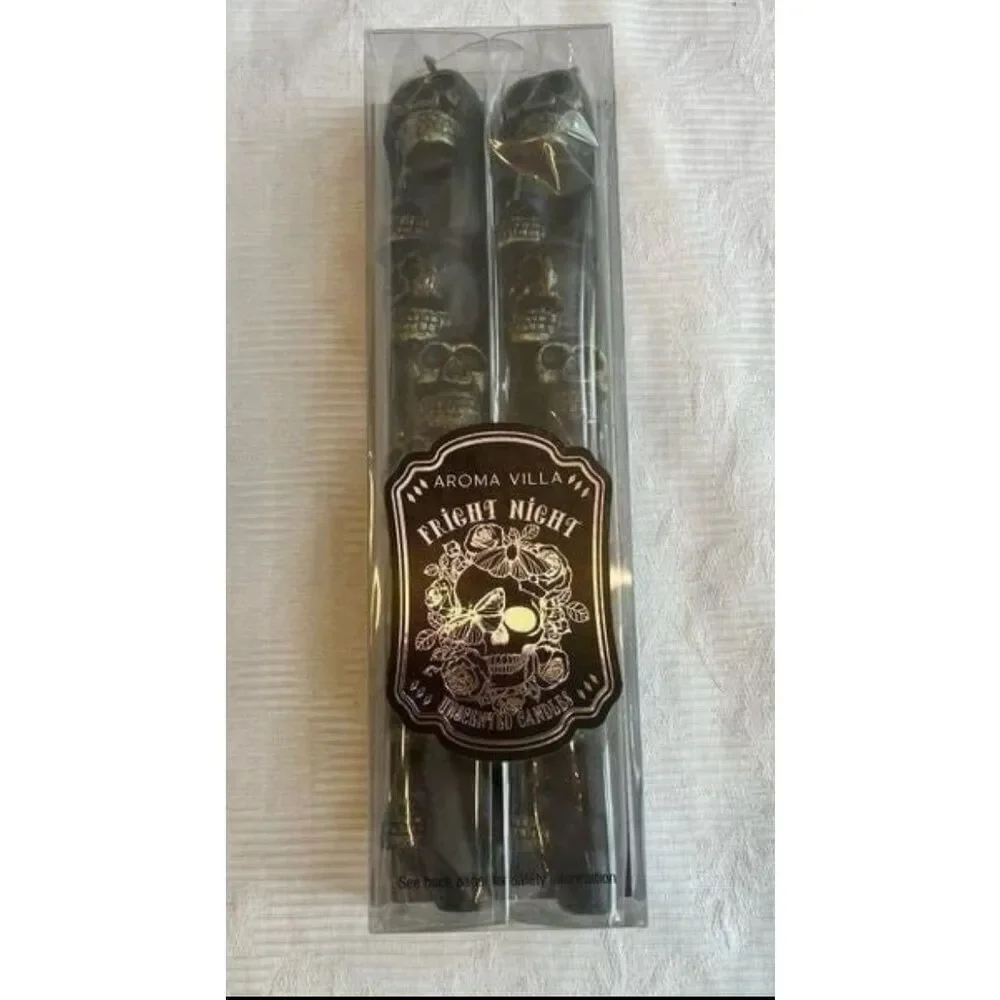 Aroma Villa 2 Candelabra Candles Blk Skull Unscented‎ Fright Night Halloween NIB